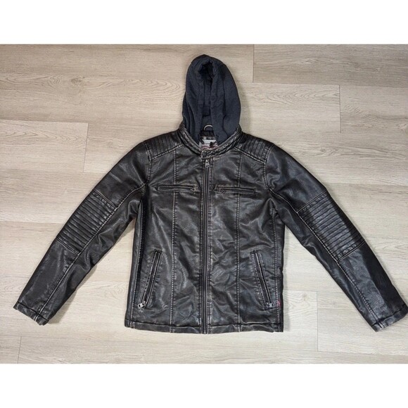 Levi Men's Brown Hooded Trucker Biker Jacket Lined 4 Pockets Stylish Sleek S - Picture 2 of 7